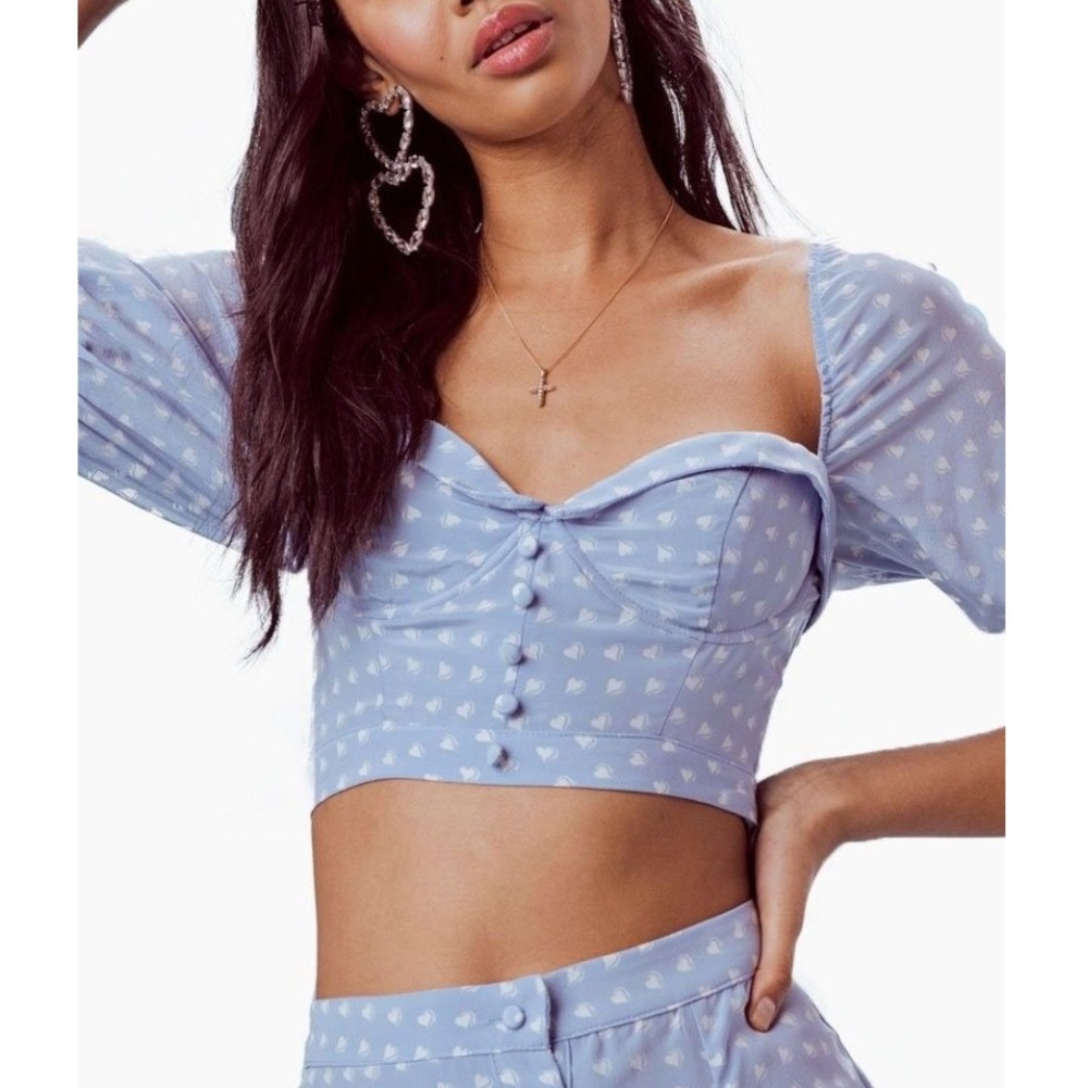 For Love & Lemons Heart Print Bustier Crop Top Blue Puff Sleeve Size L